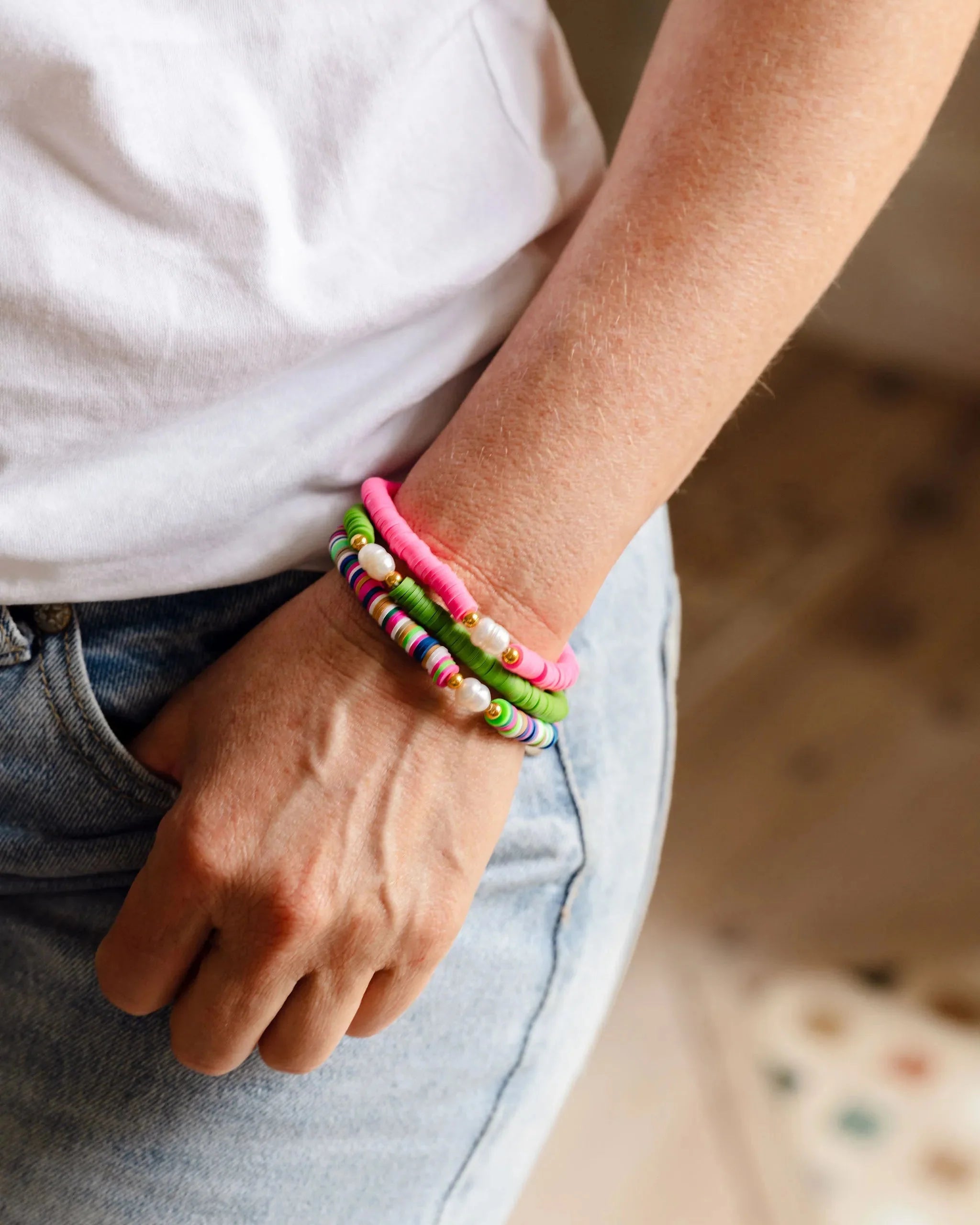 colourful bracelets, fun bracelets, mix and match bracelets, elastic bracelets, freshwater pearl and bead combination, stretchy bracelet, stacking bracelets