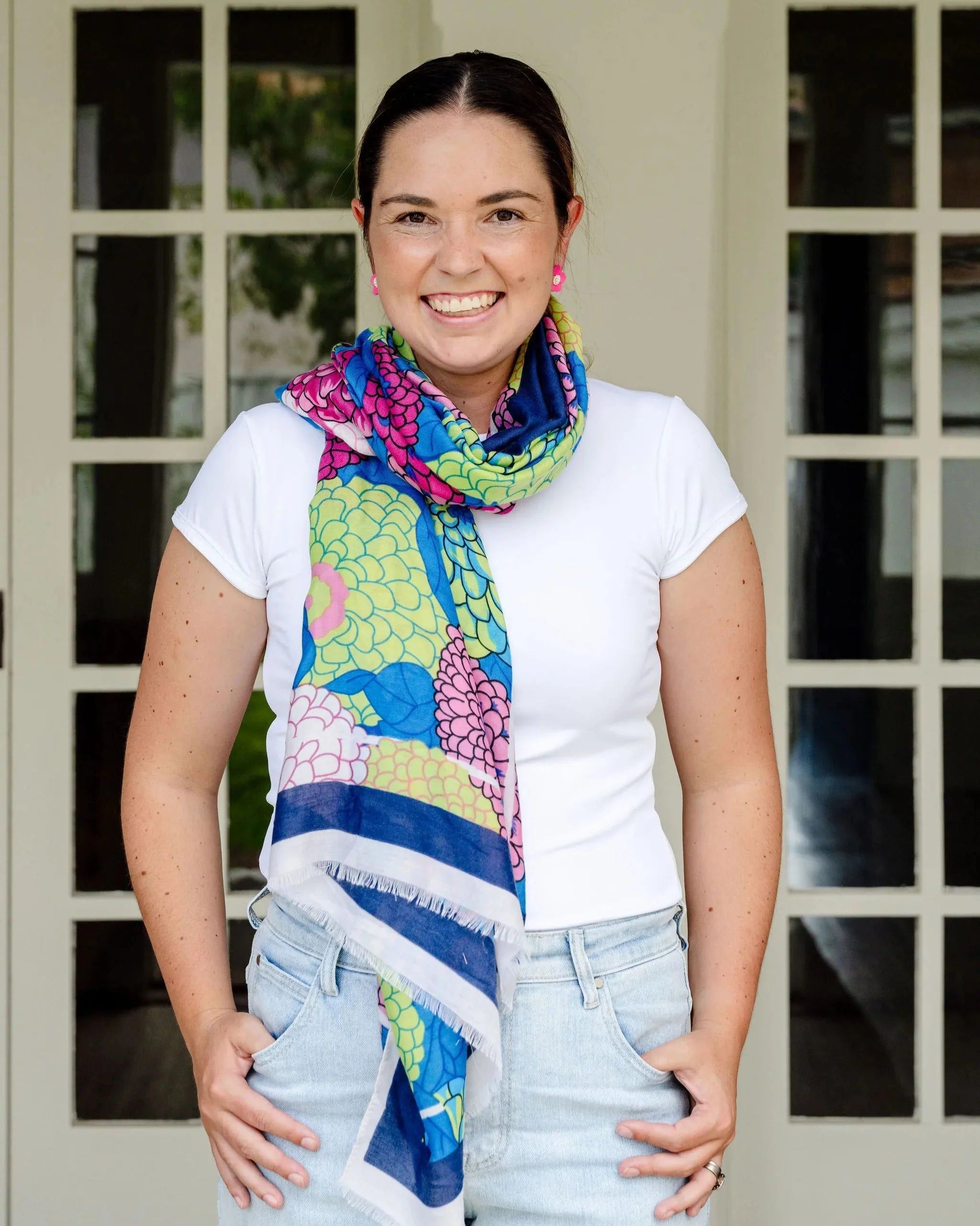 hydrangea pattern scarf, autumn scarf, winter scarf,  bold scarf, floral scarf, bright scarf