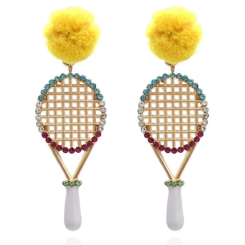 Ash Tennis Racquet Enamel Dangle Earrings with Crystals and a Fluffy Yellow Stud