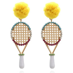 Ash Tennis Racquet Enamel Dangle Earrings with Crystals and a Fluffy Yellow Stud