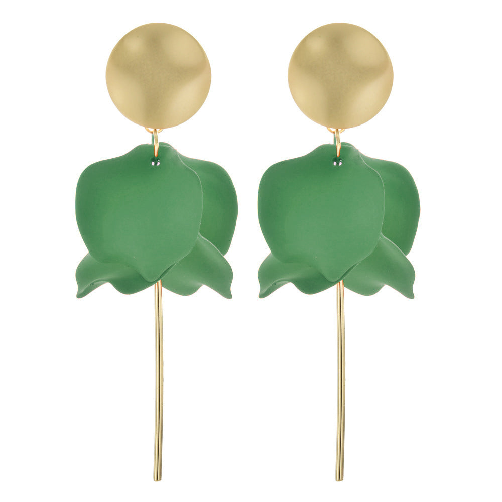 A pair of matte gold and green flower petal dangle earrings with gold posts.