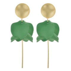 A pair of matte gold and green flower petal dangle earrings with gold posts.