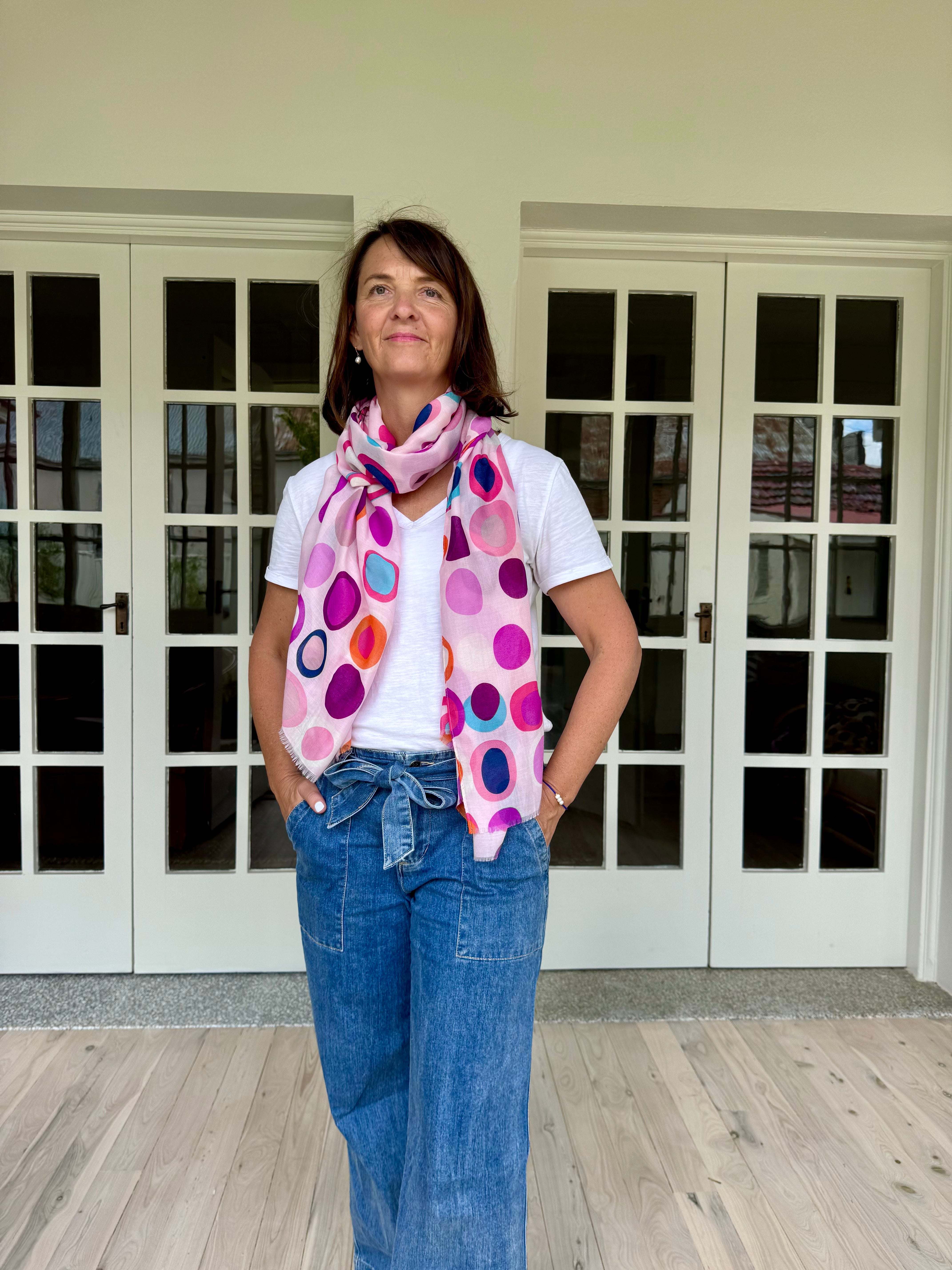 lightweight scarf, spotted scarf, fun scarf, shades of pink scarf