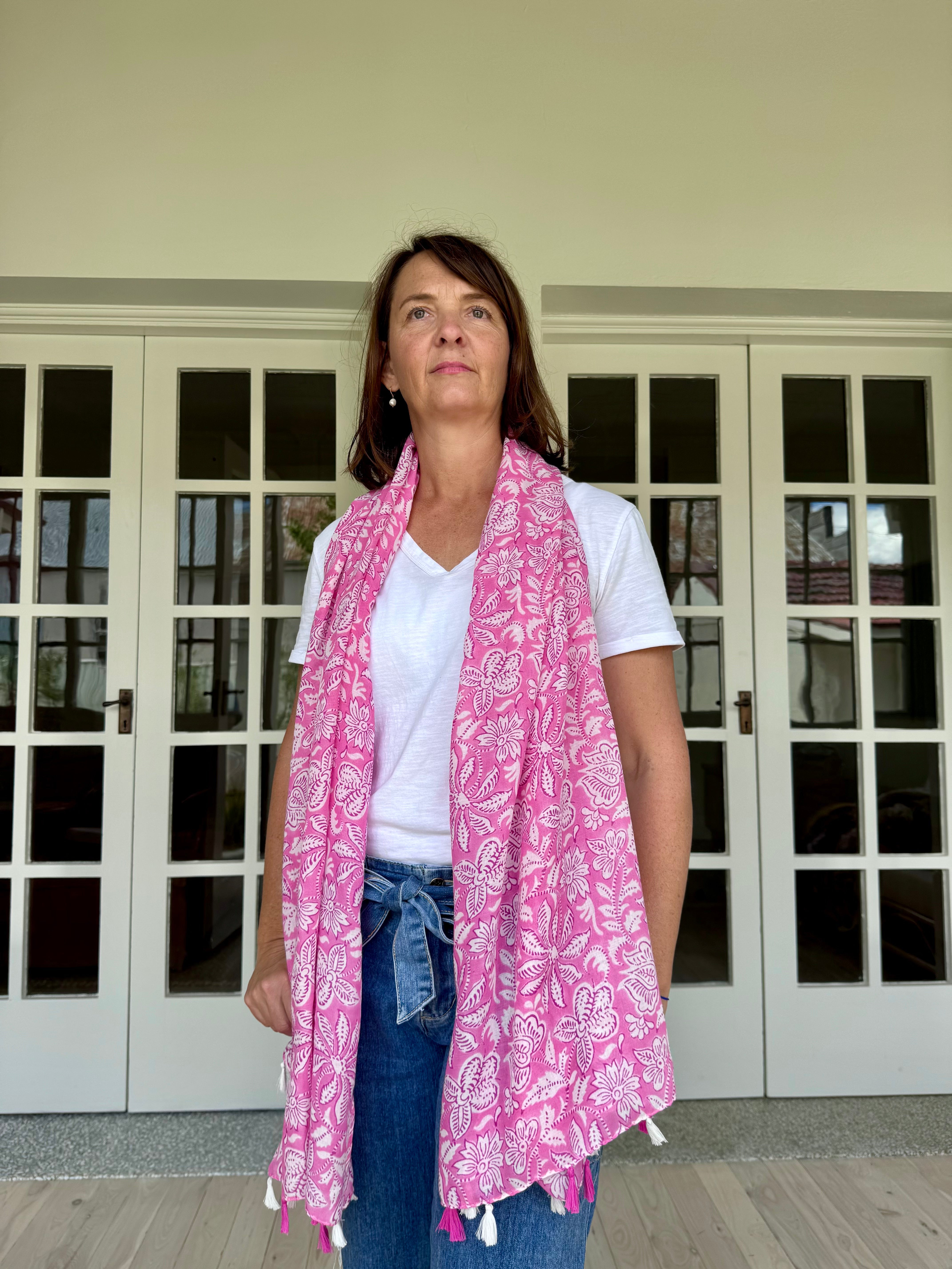 pink scarf, tropical design scarf, scarf with tassels, lightweight scarf, summery scarf
