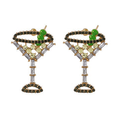 Martini Time Martini Shaped Earrings with Black, Green, Yellow and Clear Crystals