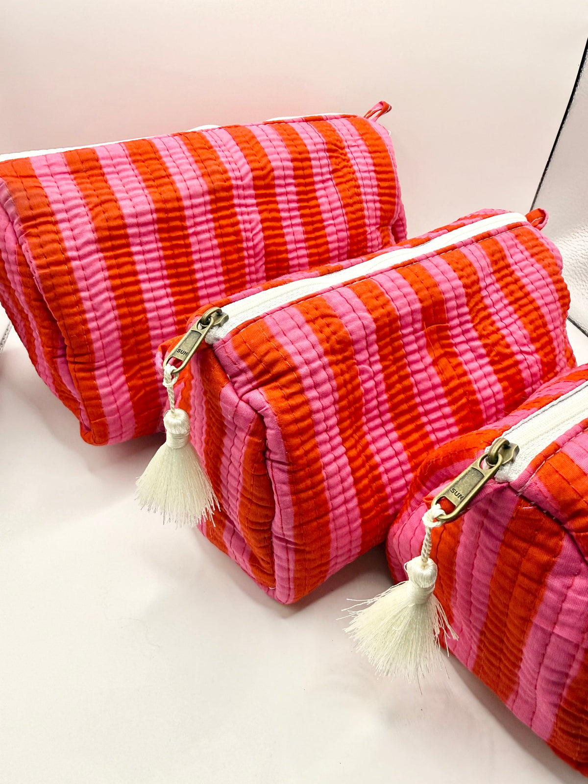 Pink & Red Stripe Toiletry Bags – Cotton Travel Organiser