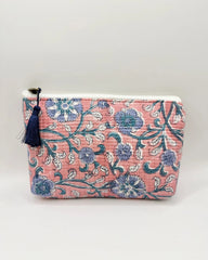Pink/Blue Floral Pouch – Cotton Travel & Makeup Bag