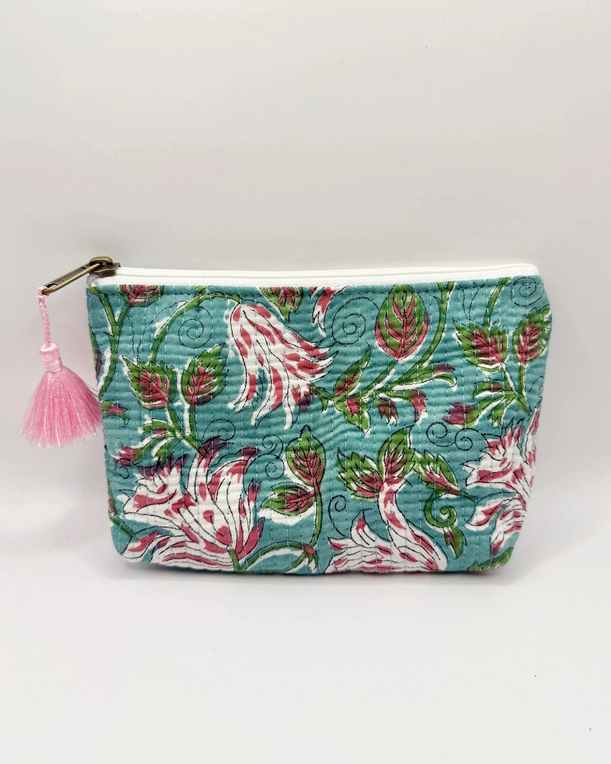 Aqua Floral Pouch – Cotton Travel & Makeup Bag