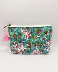Aqua Floral Pouch – Cotton Travel & Makeup Bag