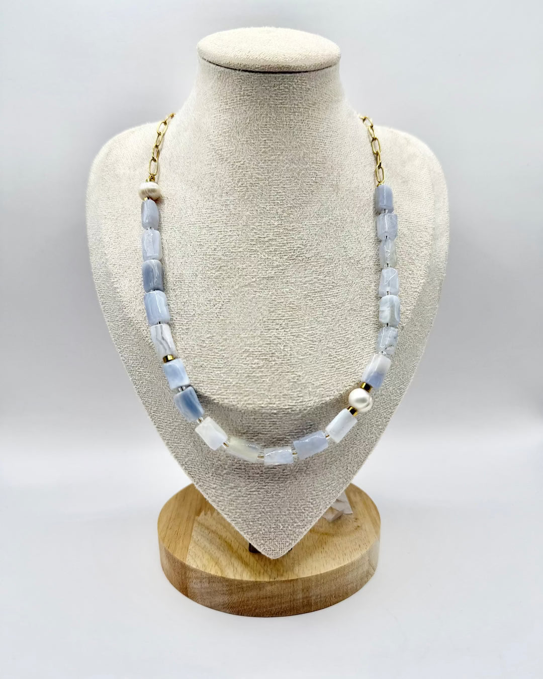 Pearl and Blue Natural Stone Necklace featuring freshwater pearls and natural stone beads