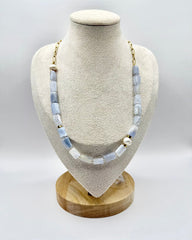 Pearl and Blue Natural Stone Necklace featuring freshwater pearls and natural stone beads