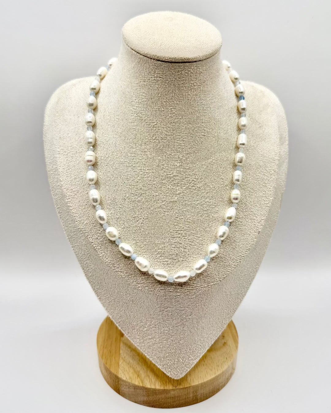 Freshwater Pearl & Blue Crystal Necklace featuring genuine freshwater pearls and blue crystal beads