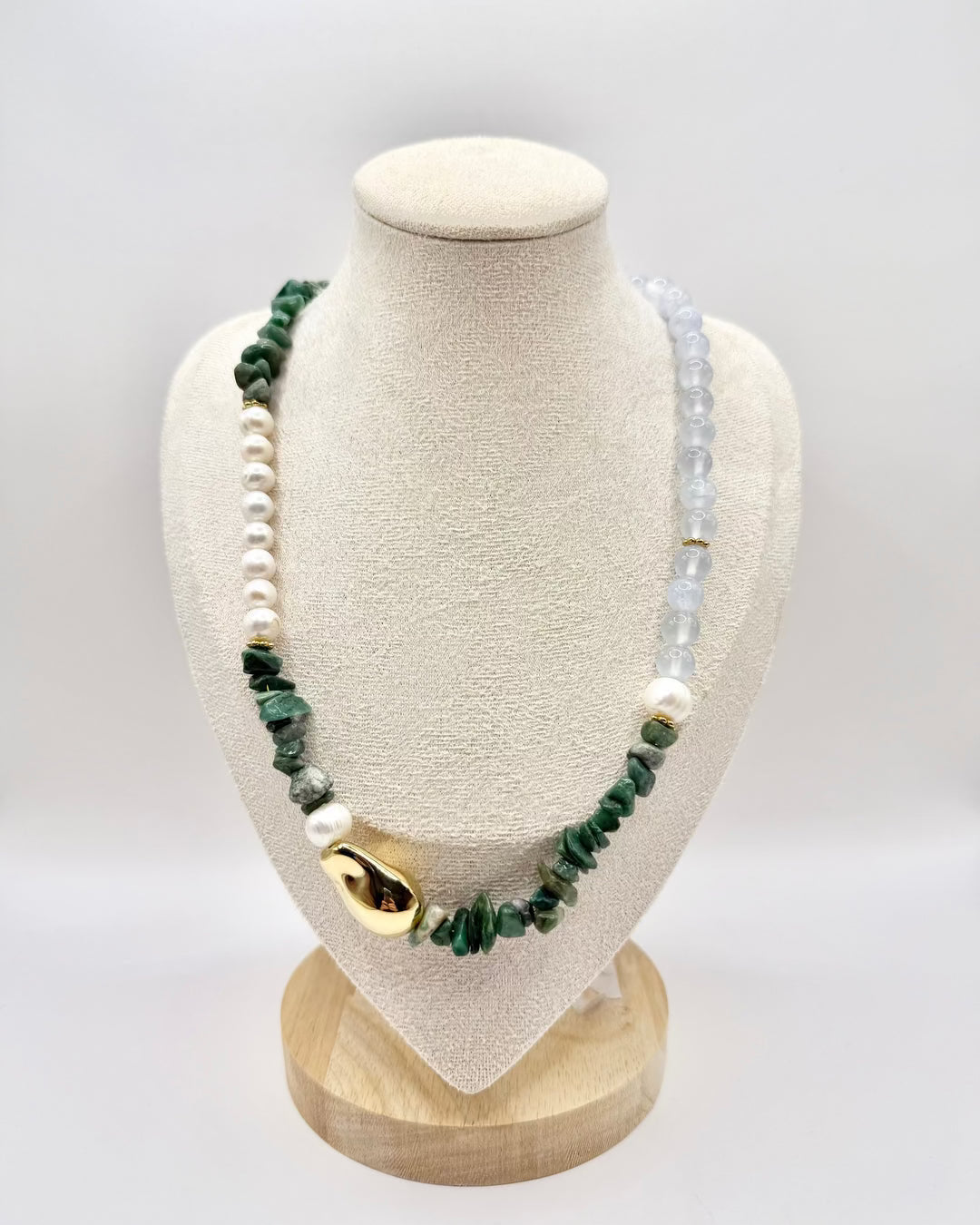 Pearl and Green/Blue Natural Stone Necklace featuring freshwater pearls and natural stone beads