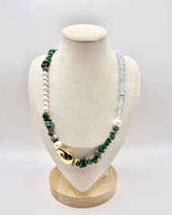 Pearl and Green/Blue Natural Stone Necklace featuring freshwater pearls and natural stone beads