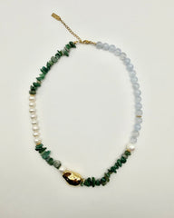 Close-up detail of the Pearl and Green/Blue Natural Stone Necklace