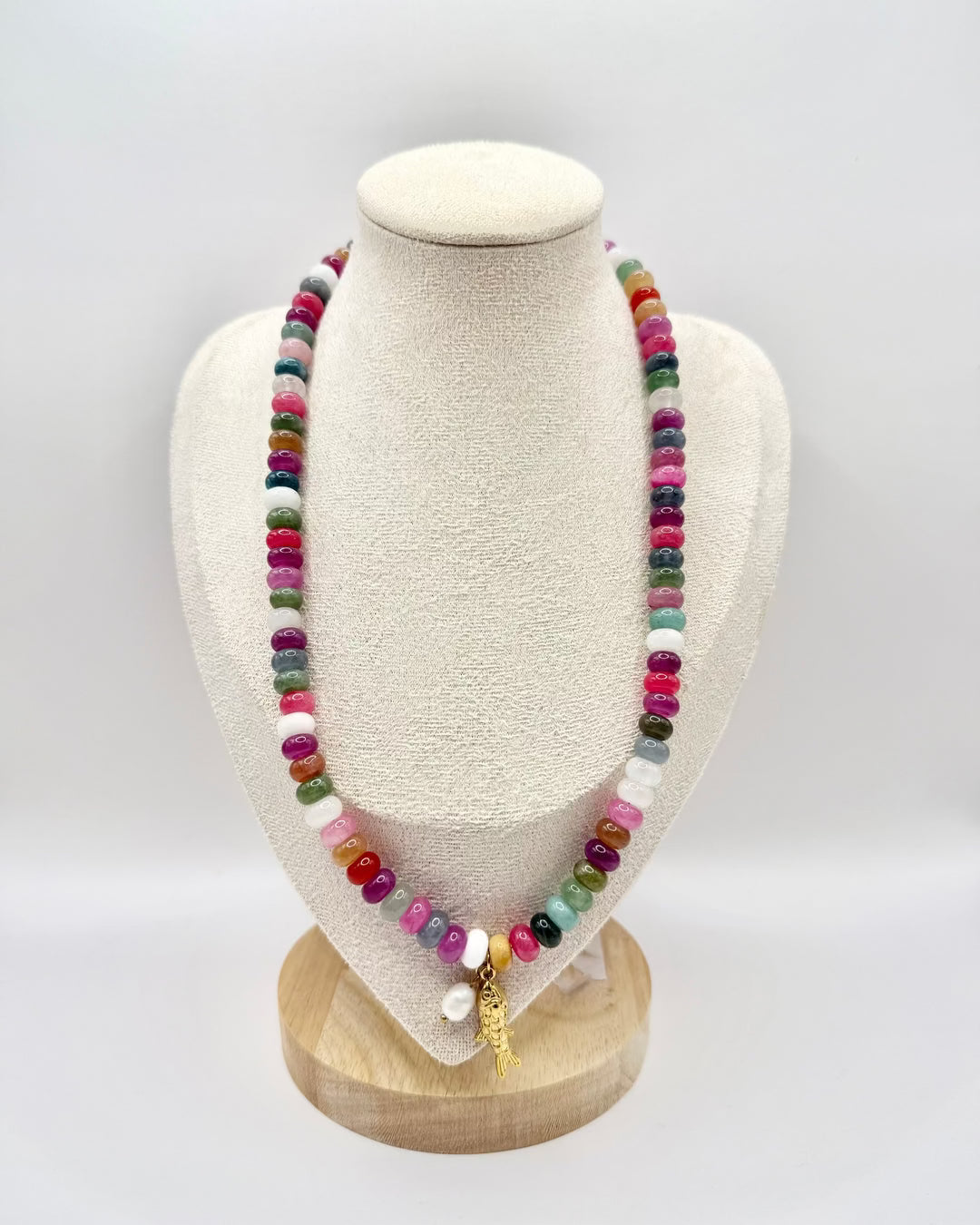 Fish & Pearl Necklace in Pastels featuring a fish charm and pastel pearl beads