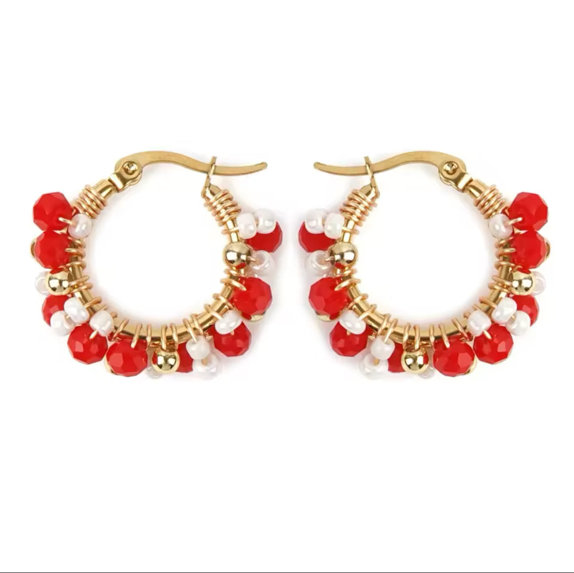 Heidi Red, Gold & White Beaded Gold Hoop Earrings