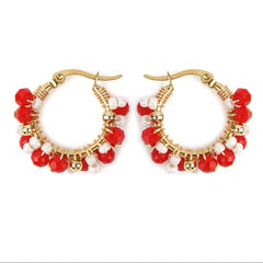 Heidi Red, Gold & White Beaded Gold Hoop Earrings