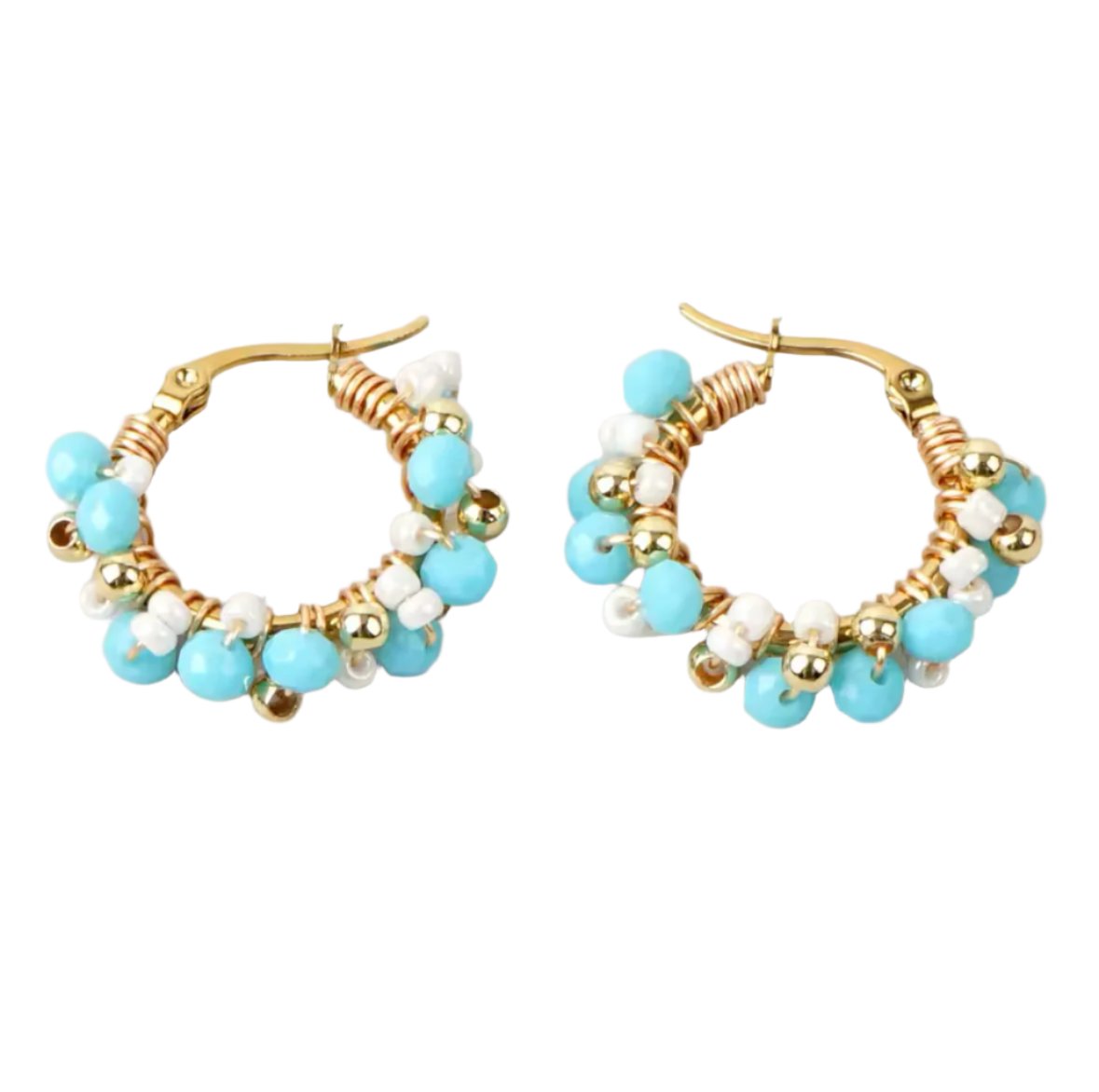 Heidi Baby Blue, Gold & White Beaded Gold Hoop Earrings