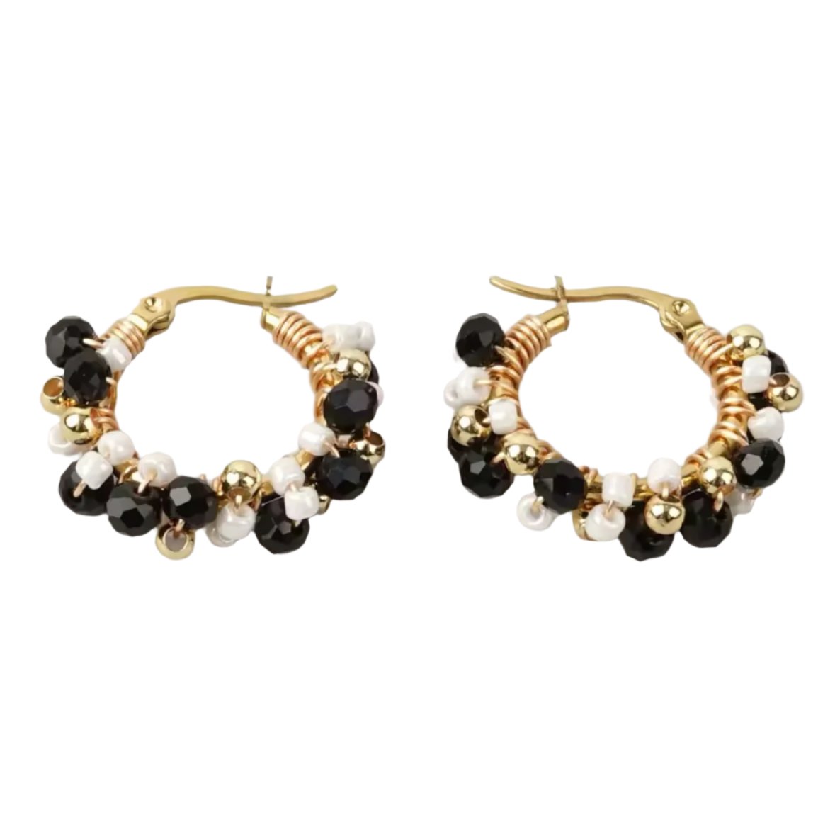 Heidi Black, Gold & White Beaded Gold Hoop Earrings