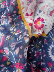 Lightweight scarf with a small pink, purple and yellow floral print on white, a navy border with white flowers, and pink and navy tassels
