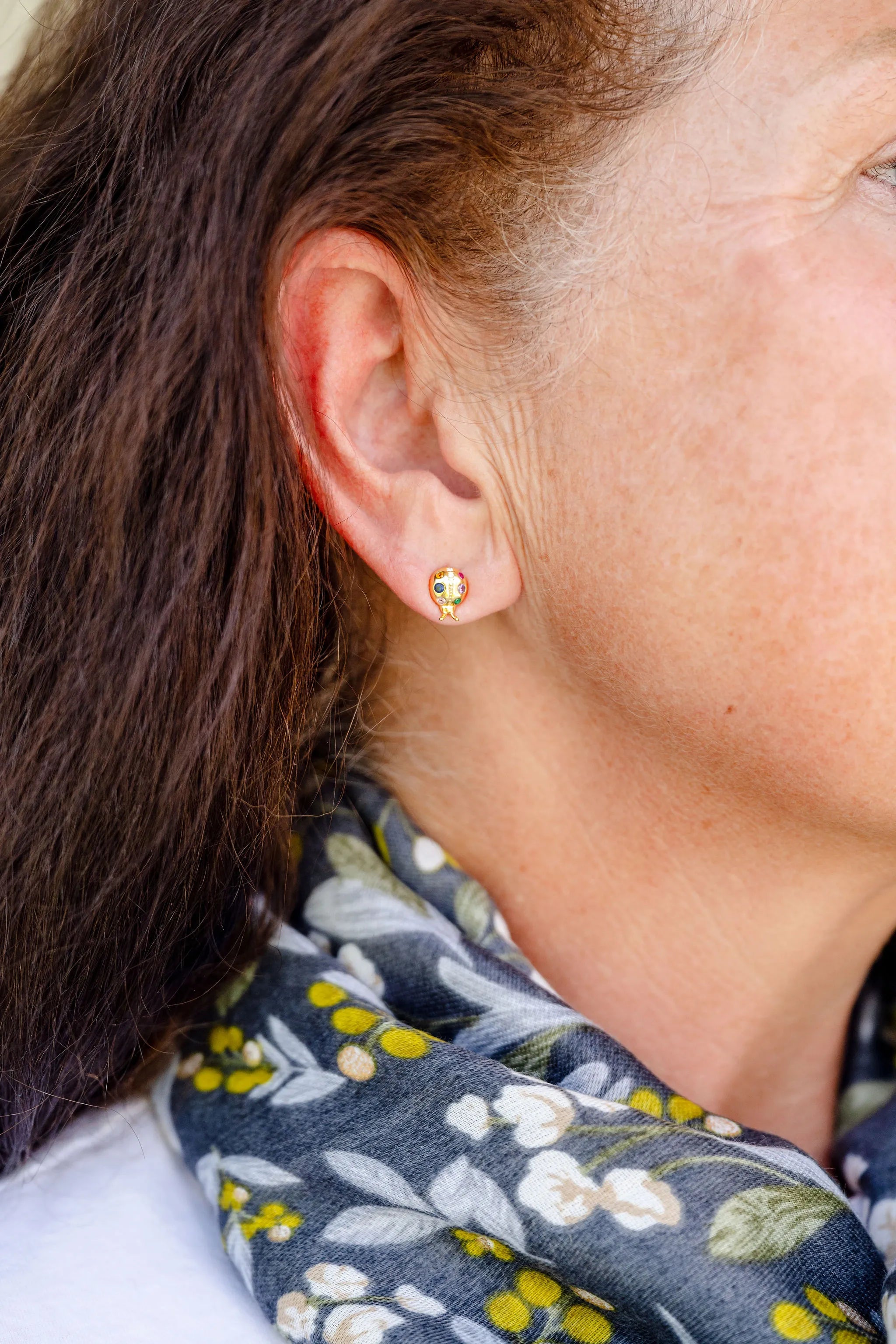 ladybug earring, petite earring, gold earring, delicate earring, pretty earring