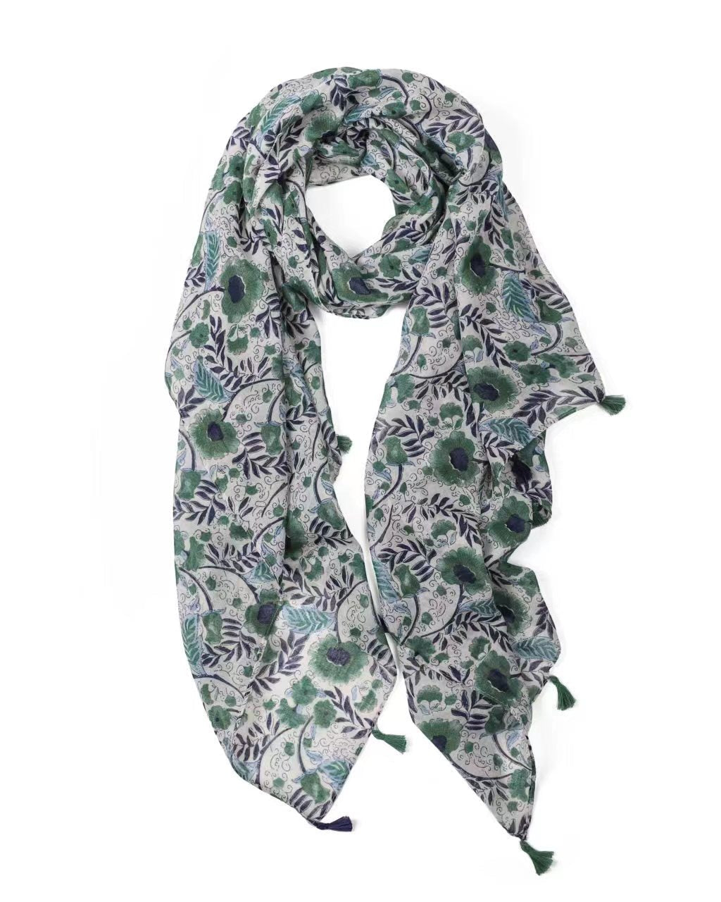 floral scarf, lightweight scarf, summer scarf, scarf with tassels, muted scarf, cottage core scarf