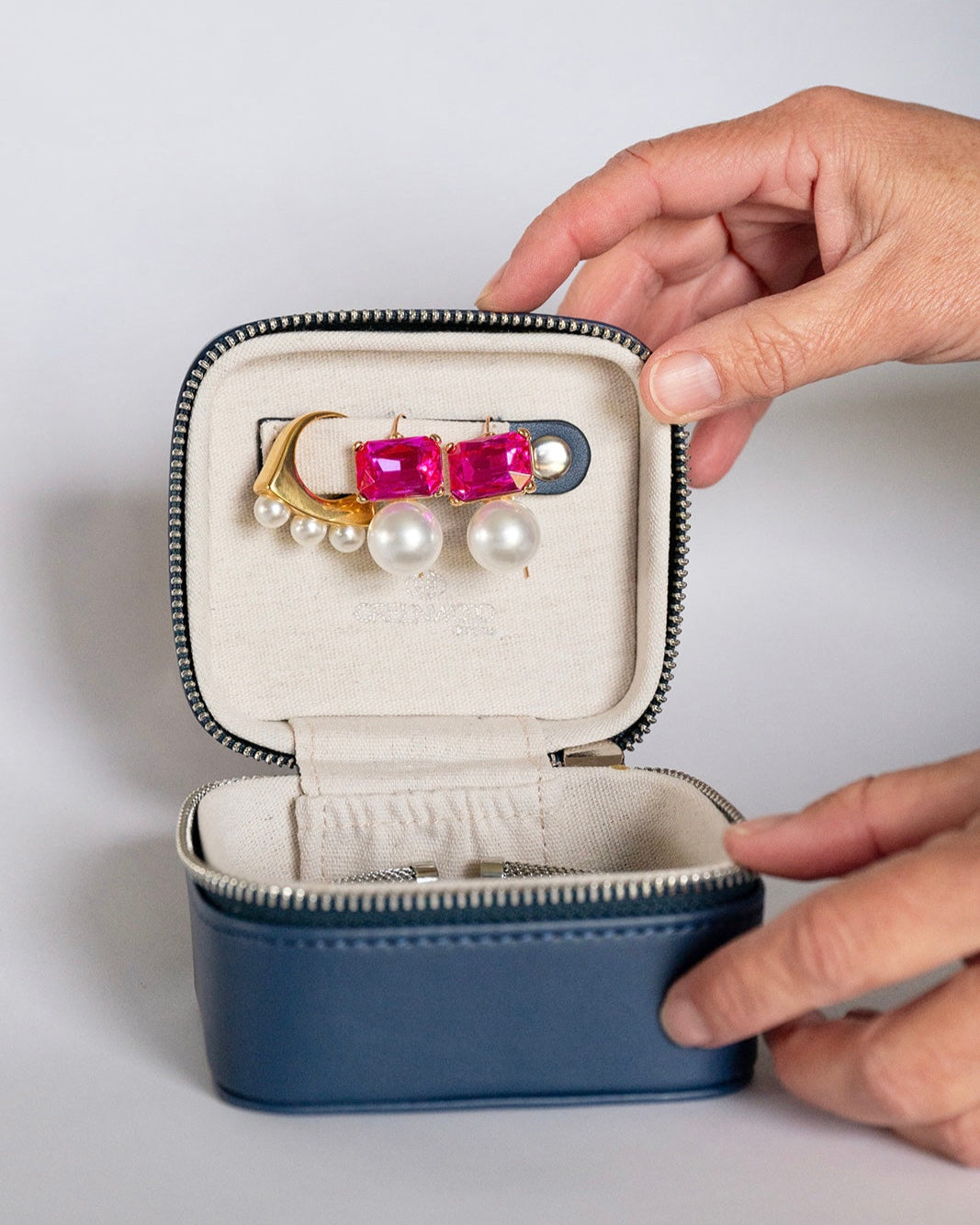 jewelry case, jewelry box, travel case, travel jewelry case, navy jewelry case, small jewelry case