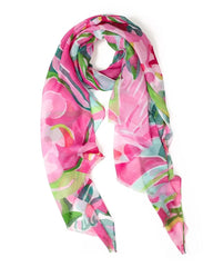 Pink, green, and aqua abstract print lightweight scarf with frayed edges
