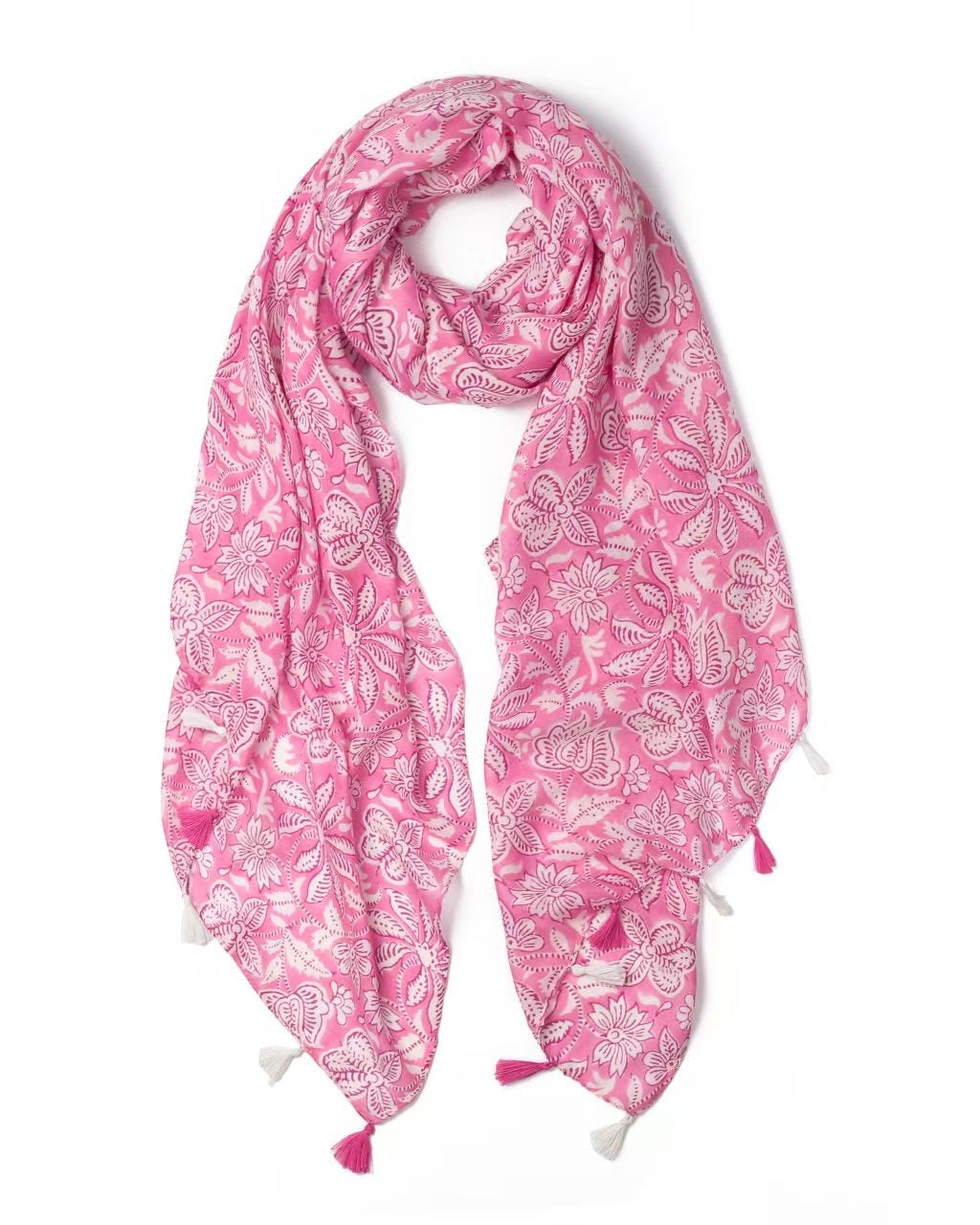 pink scarf, tropical design scarf, scarf with tassels, lightweight scarf, summery scarf
