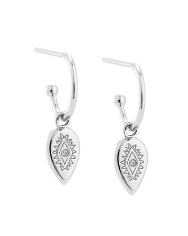 Silver hoop earrings with marquise dangle and zircon centre on white background