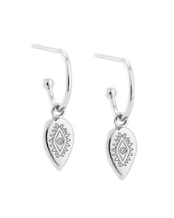 Silver hoop earrings with marquise dangle and zircon centre on white background