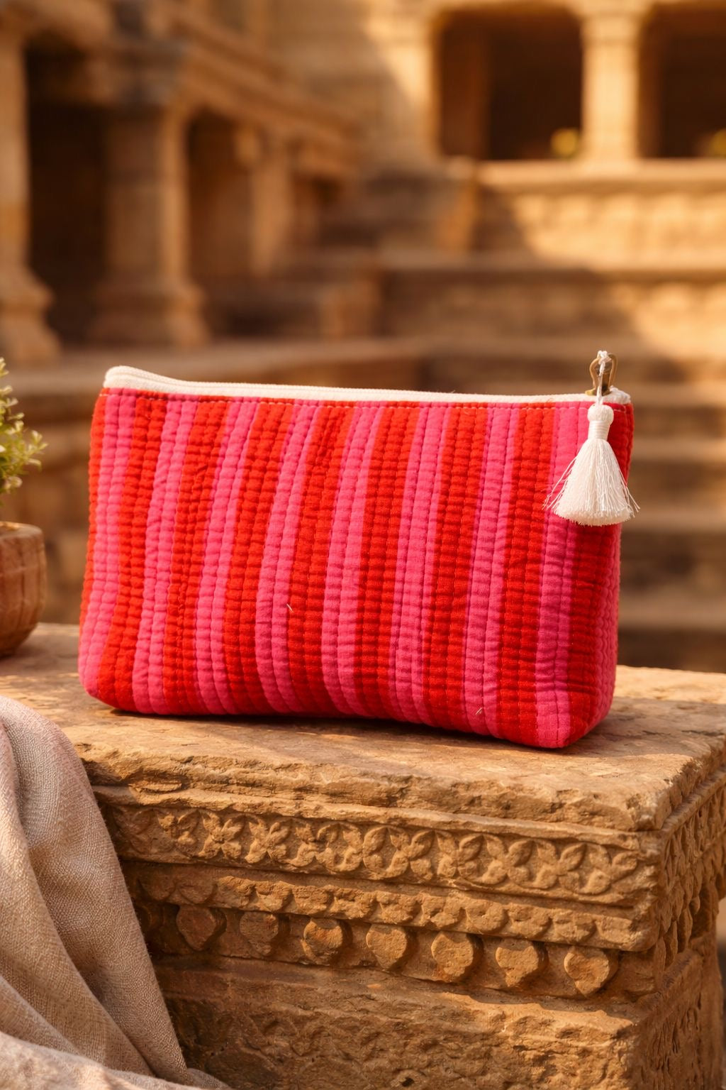 Pink and red striped cotton makeup and travel pouch – included in Greenwood Designs gift pack