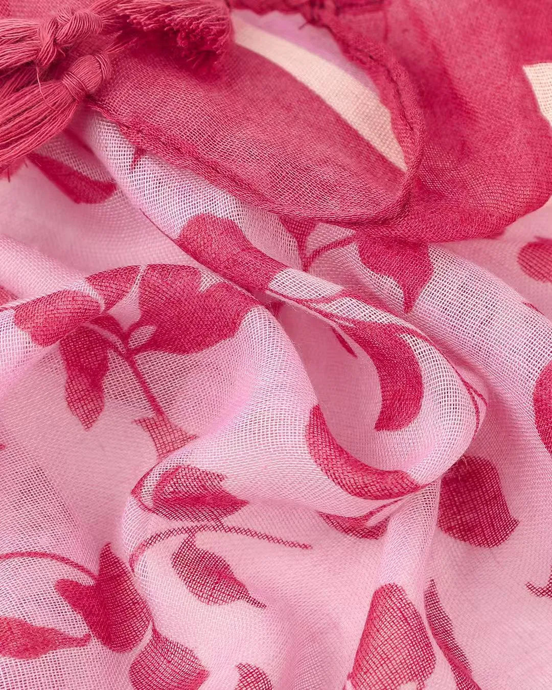 Strawberry pink, raspberry red, and cream leaf and spot print lightweight scarf with striped border