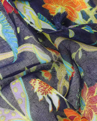 Blue, green, orange, red, and yellow botanical floral and bird print lightweight scarf with navy tassels