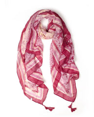 Strawberry pink, raspberry red, and cream leaf and spot print lightweight scarf with striped border
