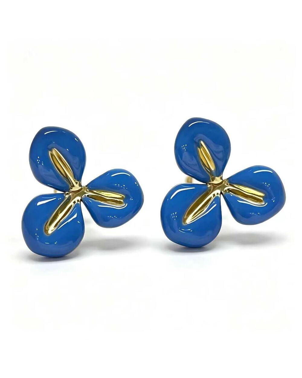 Gold stud earrings with a blue enamel three-petal flower design