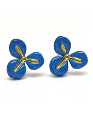 Gold stud earrings with a blue enamel three-petal flower design