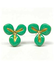 Gold stud earrings with a green enamel three-petal flower design