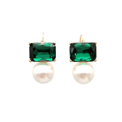 Maggie green rectangular crystal and faux pearl drop earrings by Greenwood Designs, shown on white background