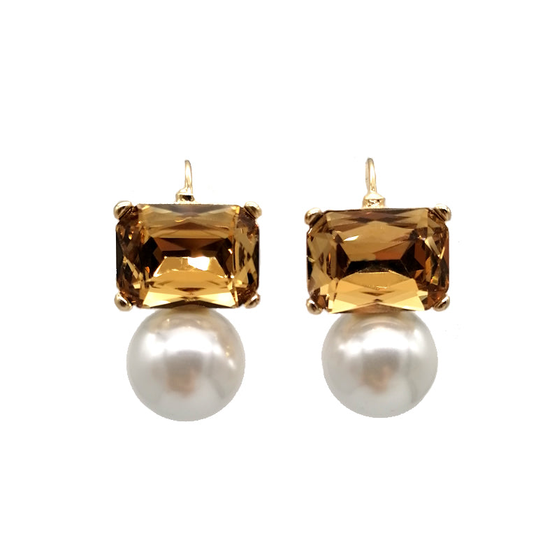 Maggie Gold Rectangular Crystal with Faux Pearl Earrings