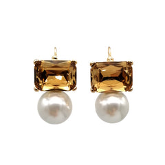 Maggie Gold Rectangular Crystal with Faux Pearl Earrings