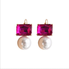 Maggie Bright Pink Rectangular Crystal with Faux Pearl Earrings