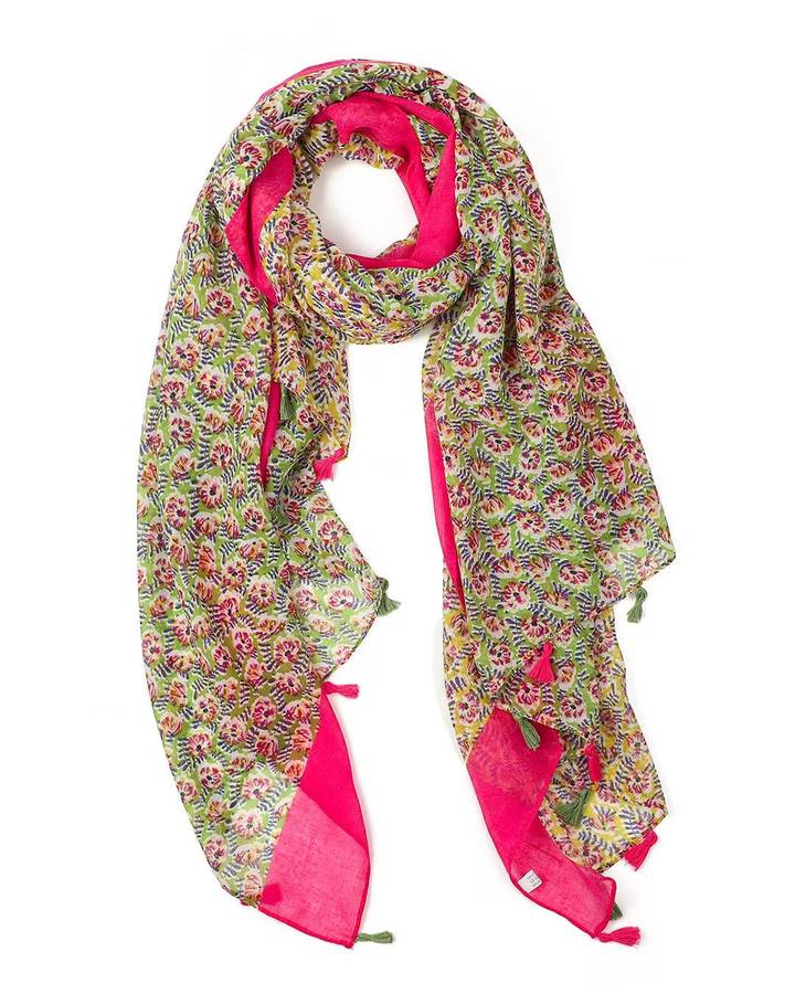 Ivy green and pink floral lightweight scarf with hot pink tasselled edge