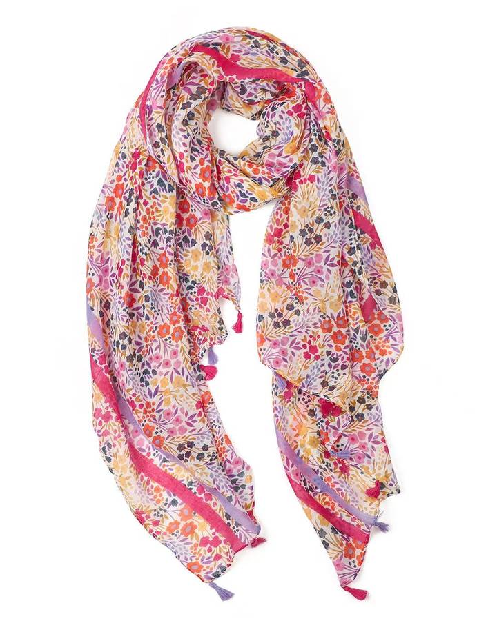 Katie multicolour floral lightweight scarf with pink and lavender tassels