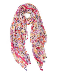 Katie multicolour floral lightweight scarf with pink and lavender tassels