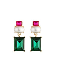 Gold drop earrings with a fuchsia crystal stud, white pearl, and rectangular emerald green crystal drop