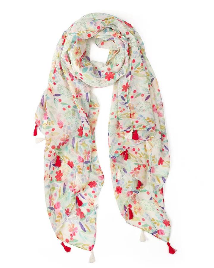 Millie pastel multicolour floral lightweight scarf with red and white tassels