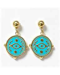 Gold stud earrings with an aqua enamel evil eye charm dangle