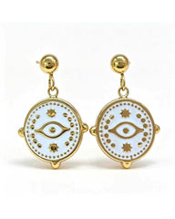 Gold stud earrings with a white enamel evil eye charm dangle